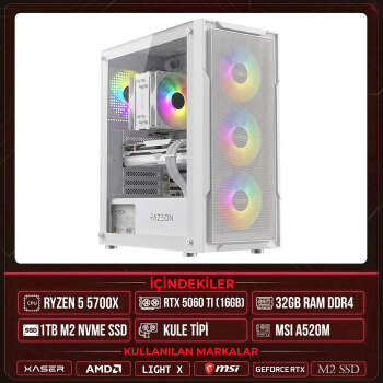 Xaser Light X40 Ryzen 7 5700X 32GB Ram 1TB M.2 NVMe SSD 16GB RTX5060 Ti Masaüstü Oyuncu OEM Bilgisayar - Xaser