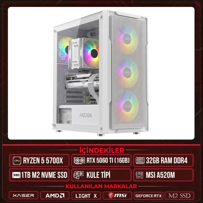 Xaser Light X40 Ryzen 7 5700X 32GB Ram 1TB M.2 NVMe SSD 16GB RTX5060 Ti Masaüstü Oyuncu OEM Bilgisayar - 1
