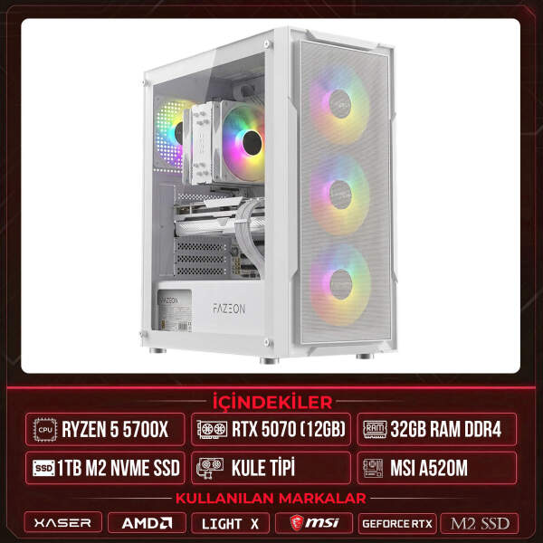 Xaser Light X60 Ryzen 7 5700X 32GB Ram 1TB M.2 NVMe SSD 12GB RTX5070 Masaüstü Oyuncu OEM Bilgisayar - 1