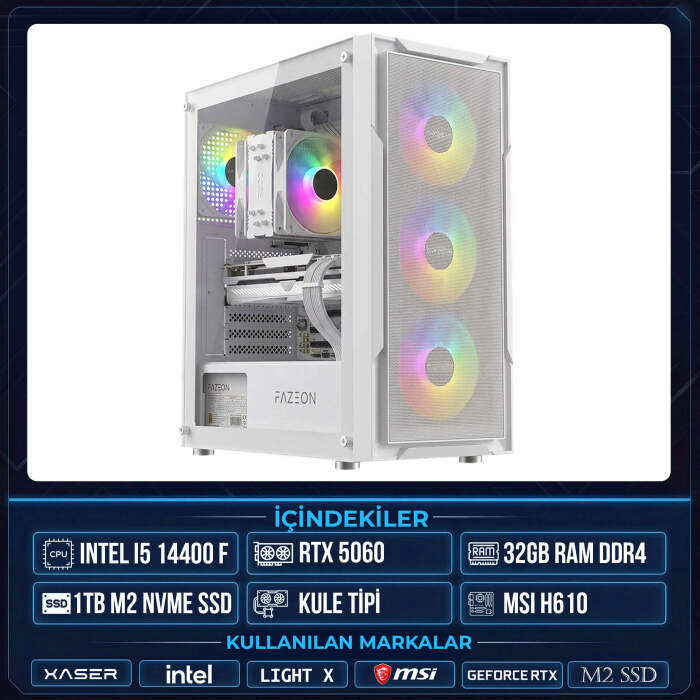 Xaser Light X80 i5 14400F 32GB Ram 1TB M.2 NVMe SSD 8GB RTX5060 Masaüstü Oyuncu OEM Bilgisayar - 1