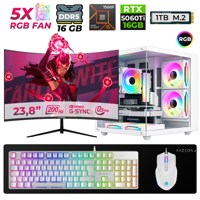 Xaser Live X60 Ryzen 5 7500F 16GB DDR5 Ram 1TB M.2 Nvme SSD 16GB RTX5060 Ti 23.8