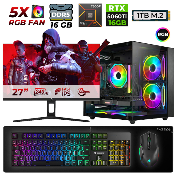 Xaser Live X70 Ryzen 5 7500F 16GB DDR5 Ram 1TB M.2 Nvme SSD 16GB RTX5060 Ti 27
