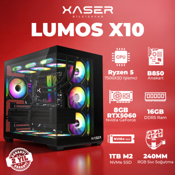 Xaser Lumos X10 Ryzen 5 7500X3D 16GB DDR5 Ram 1TB M.2 NVMe SSD 8GB RTX5060 Masaüstü Oyuncu Bilgisayarı - Xaser