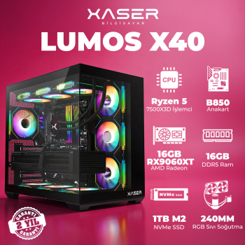 Xaser Lumos X40 Ryzen 5 7500X3D 16GB DDR5 Ram 1TB M.2 NVMe SSD 16GB RX9060 XT Masaüstü Oyuncu Bilgisayarı - Xaser