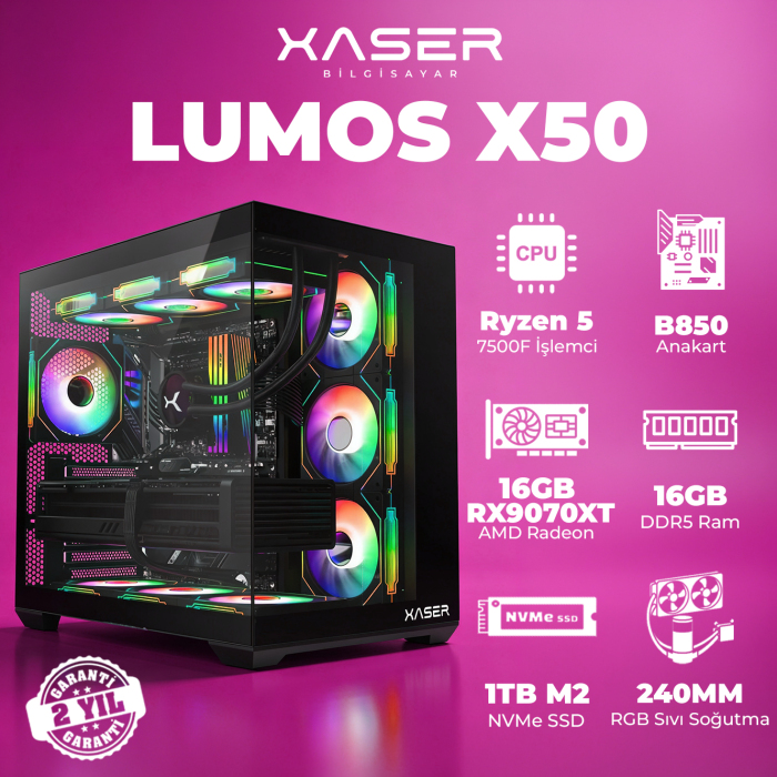 Xaser Lumos X50 Ryzen 5 7500F 16GB DDR5 Ram 1TB M.2 NVMe SSD 16GB RX9070 XT Masaüstü Oyuncu Bilgisayarı - 1