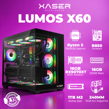 Xaser Lumos X60 Ryzen 5 7500X3D 16GB DDR5 Ram 1TB M.2 NVMe SSD 16GB RX9070 XT Masaüstü Oyuncu Bilgisayarı - Xaser