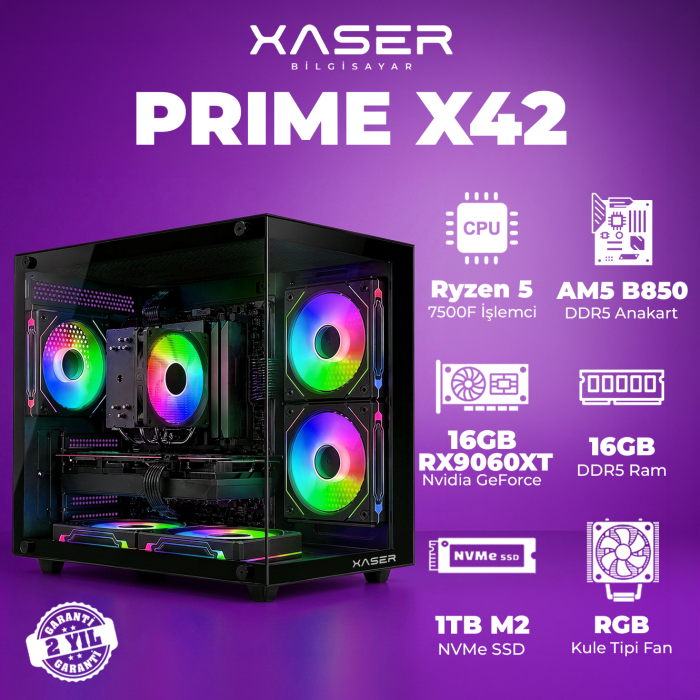 Xaser Prime x42 Ryzen 5 7500F 16GB DDR5 Ram 1TB M.2 NVMe SSD 16GB RX9060XT Masaüstü Oyuncu Bilgisayarı - 1