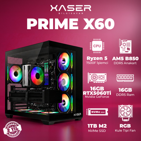 Xaser Prime x60 Ryzen 5 7500F 16GB DDR5 Ram 1TB M.2 NVMe SSD 16GB RTX5060 Ti Masaüstü Oyuncu Bilgisayarı - 1