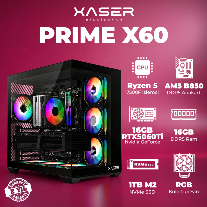 Xaser Prime x60 Ryzen 5 7500F 16GB DDR5 Ram 1TB M.2 NVMe SSD 16GB RTX5060 Ti Masaüstü Oyuncu Bilgisayarı - 1