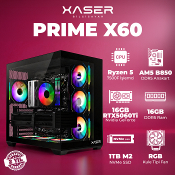 Xaser Prime x60 Ryzen 5 7500F 16GB DDR5 Ram 1TB M.2 NVMe SSD 16GB RTX5060 Ti Masaüstü Oyuncu Bilgisayarı - Xaser