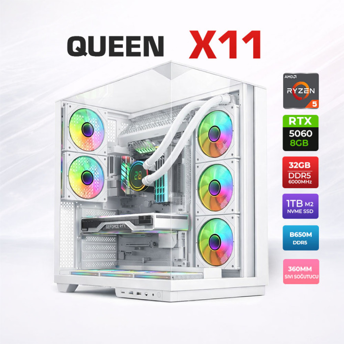 Xaser Queen X11 Ryzen 5 7500F 32GB DDR5 Ram 1TB M.2 NVMe SSD 8GB RTX5060 Sıvı Soğutmalı Oyuncu Bilgisayarı - 1
