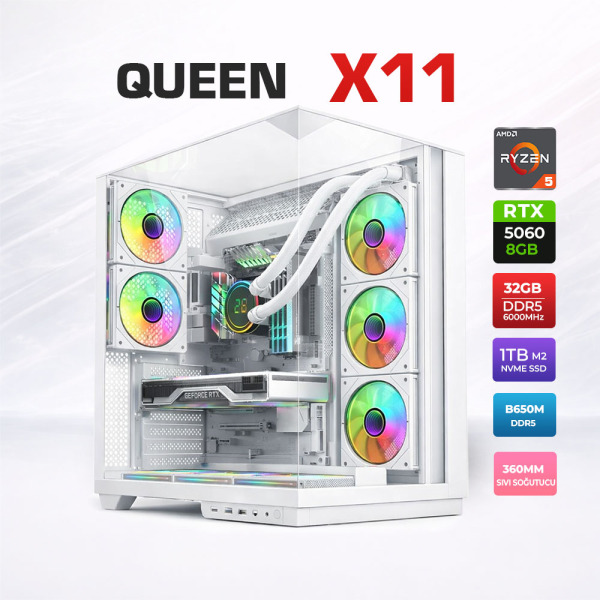 Xaser Queen X11 Ryzen 5 7500F 32GB DDR5 Ram 1TB M.2 NVMe SSD 8GB RTX5060 Sıvı Soğutmalı Oyuncu Bilgisayarı - 1