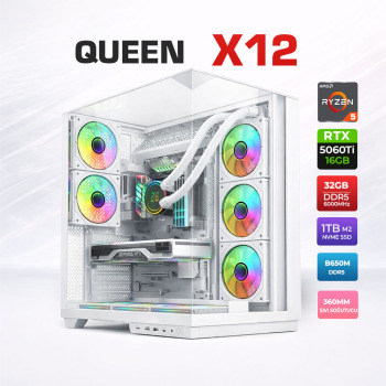 Xaser Queen X12 Ryzen 5 7500F 32GB DDR5 Ram 1TB M.2 NVMe SSD 16GB RTX5060 Ti Sıvı Soğutmalı Oyuncu Bilgisayarı - Xaser