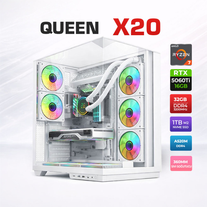 Xaser Queen X20 Ryzen 7 5700X 32GB Ram 1TB M.2 NVMe SSD 16GB RTX5060 Ti Sıvı Soğutmalı Oyuncu Bilgisayarı - 1