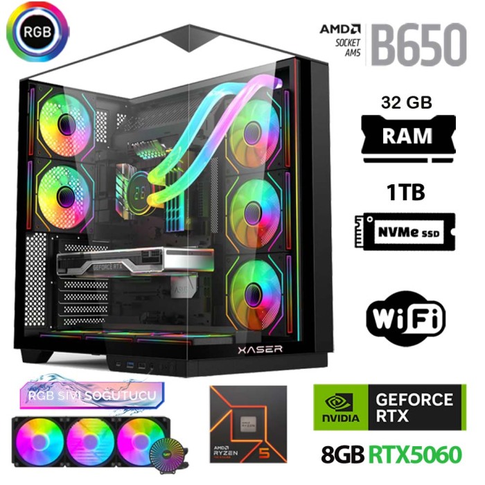 Xaser Queen X3 Ryzen 5 7500F 32GB Ram 1TB M.2 NVMe SSD 8GB RTX5060 Sıvı Soğutmalı Oyuncu Tavsiye Sistem - 1