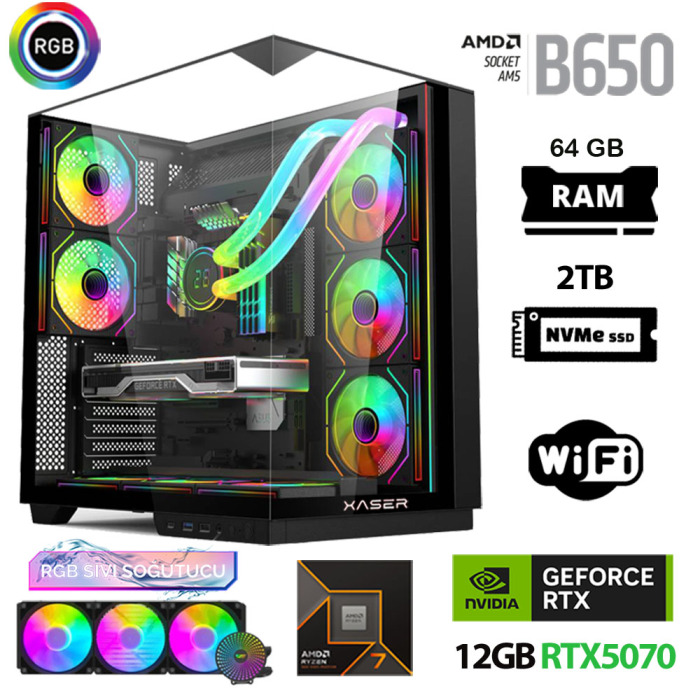 Xaser Queen X6 Ryzen 7 7800X3D 64GB Ram 2TB M.2 NVMe SSD 12GB RTX5070 Sıvı Soğutmalı Oyuncu Tavsiye Sistem - 1
