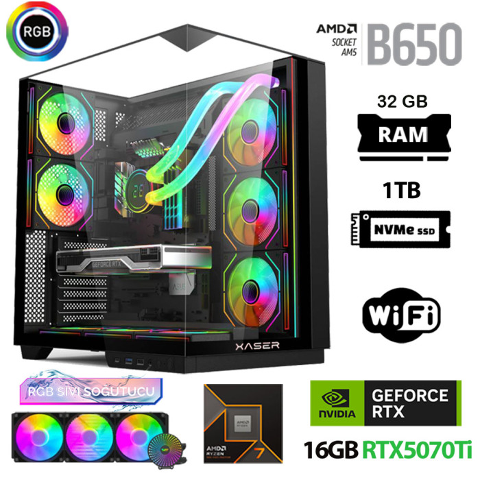 Xaser Queen X7 Ryzen 7 9800X3D 32GB Ram 1TB M.2 NVMe SSD 16GB RTX5070Ti Sıvı Soğutmalı Oyuncu Tavsiye Sistem - 1