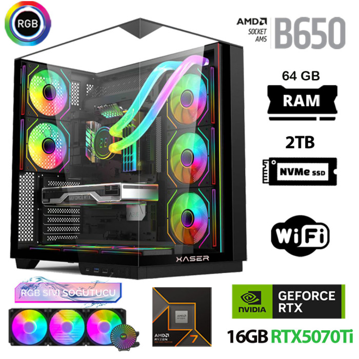 Xaser Queen X8 Ryzen 7 9800X3D 64GB Ram 2TB M.2 NVMe SSD 16GB RTX5070Ti Sıvı Soğutmalı Oyuncu Tavsiye Sistem - 1