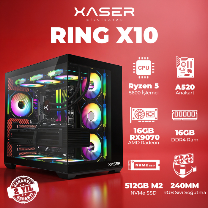 Xaser Ring X10 Ryzen 5 5600 16GB Ram 512GB M.2 NVMe SSD 16GB RX9070 Masaüstü Oyuncu Bilgisayarı - 1
