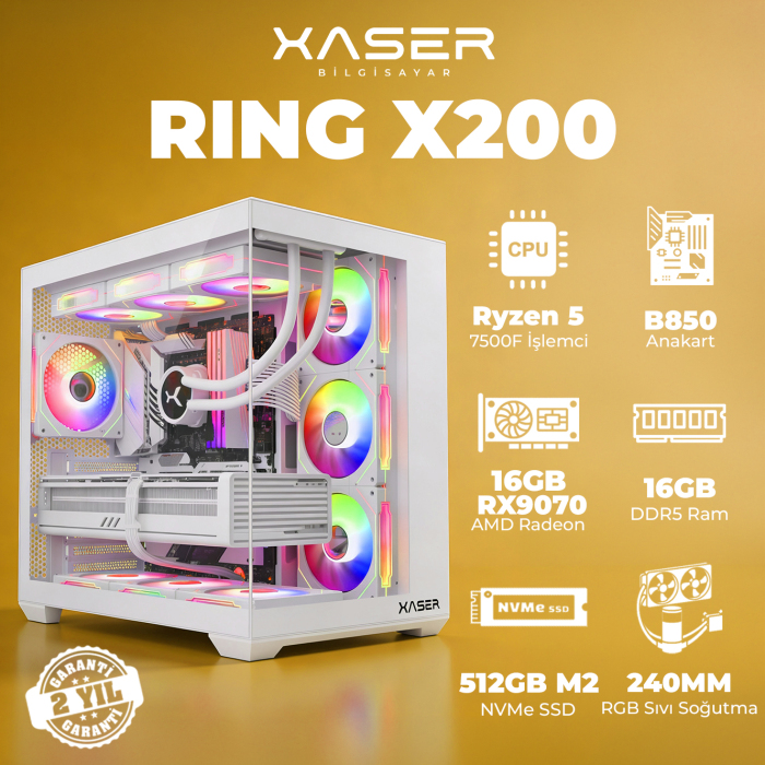 Xaser Ring X200 Ryzen 5 7500F 16GB DDR5 Ram 512GB M.2 NVMe SSD 16GB RX9070 Masaüstü Oyuncu Bilgisayarı - 1