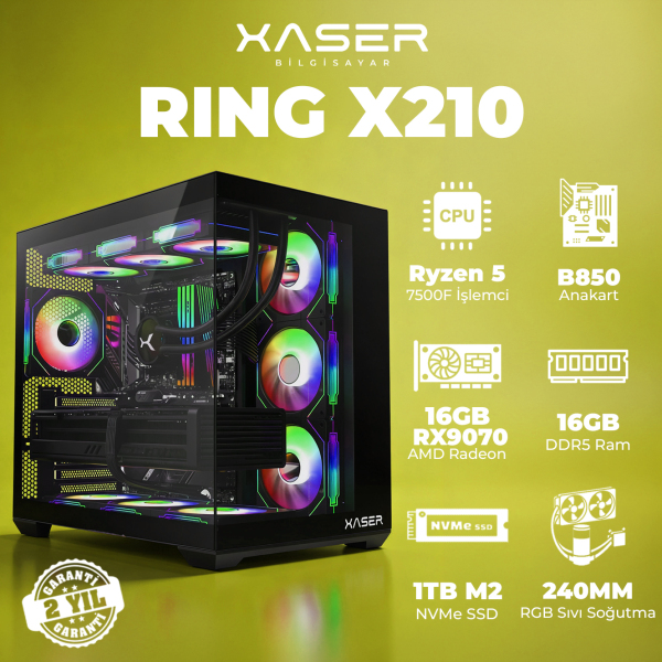 Xaser Ring X210 Ryzen 5 7500F 16GB DDR5 Ram 1TB M.2 NVMe SSD 16GB RX9070 Masaüstü Oyuncu Bilgisayarı - 1