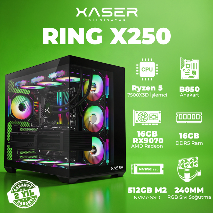 Xaser Ring X250 Ryzen 5 7500X3D 16GB DDR5 Ram 512GB M.2 NVMe SSD 16GB RX9070 Masaüstü Oyuncu Bilgisayarı - 1