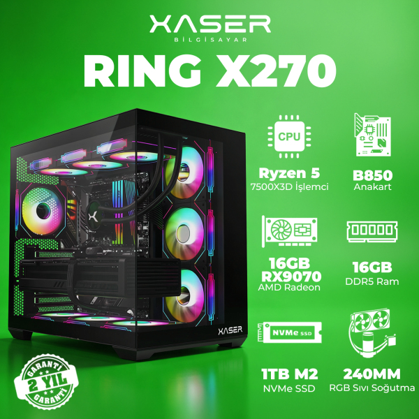 Xaser Ring X270 Ryzen 5 7500X3D 16GB DDR5 Ram 1TB M.2 NVMe SSD 16GB RX9070 Masaüstü Oyuncu Bilgisayarı - 1
