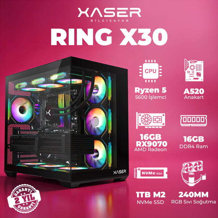 Xaser Ring X30 Ryzen 5 5600 16GB Ram 1TB M.2 NVMe SSD 8GB 16GB RX9070 Masaüstü Oyuncu Bilgisayarı - 1