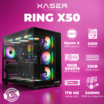 Xaser Ring X50 Ryzen 5 5600 32GB Ram 1TB M.2 NVMe SSD 8GB 16GB RX9070 Masaüstü Oyuncu Bilgisayarı - Xaser