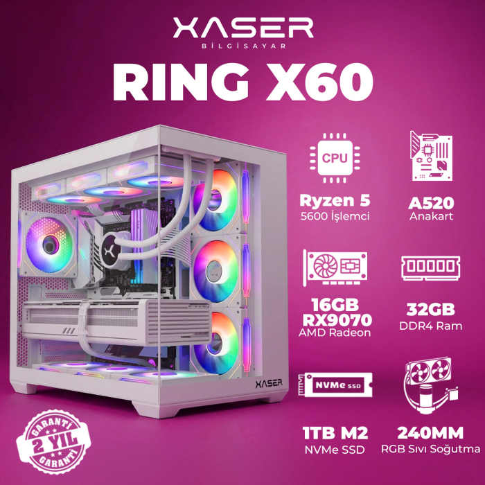 Xaser Ring X60 Ryzen 5 5600 32GB Ram 1TB M.2 NVMe SSD 8GB 16GB RX9070 Masaüstü Oyuncu Bilgisayarı - 1