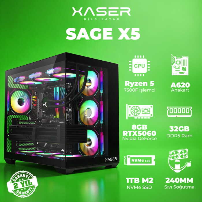 Xaser Sage X5 Ryzen 5 7500F 32GB DDR5 Ram 1TB M.2 NVMe SSD 8GB RTX5060 Sıvı Soğutmalı Oyuncu Bilgisayarı - 1