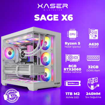 Xaser Sage X6 Ryzen 5 7500F 32GB DDR5 Ram 1TB M.2 NVMe SSD 8GB RTX5060 Sıvı Soğutmalı Oyuncu Bilgisayarı - Xaser