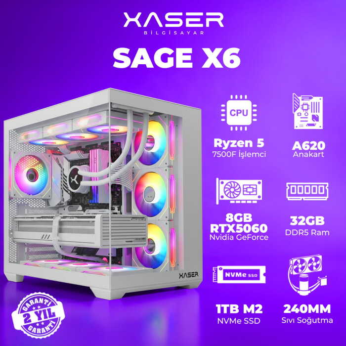 Xaser Sage X6 Ryzen 5 7500F 32GB DDR5 Ram 1TB M.2 NVMe SSD 8GB RTX5060 Sıvı Soğutmalı Oyuncu Bilgisayarı - 1