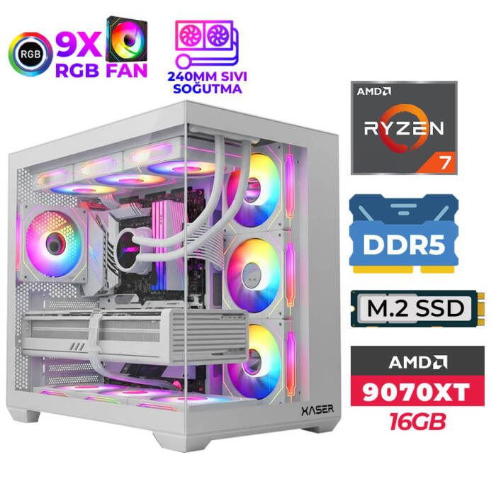 Xaser SovaX160 Ryzen 7 7700 16GB DDR5 Ram 512GB M.2 NVMe SSD 16GB RX9070 XT Sıvı Soğutmalı Oyuncu Tavsiye Sistem - 1