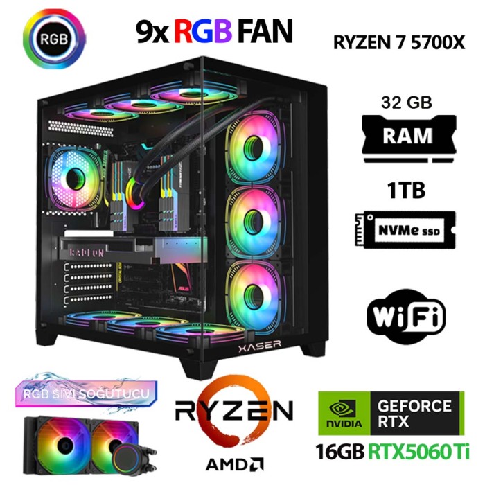 Xaser SovaX40 Ryzen 7 5700x 32GB Ram 1TB M.2 NVMe SSD 16GB RTX5060Ti Sıvı Soğutmalı Oyuncu Tavsiye Sistem - 1