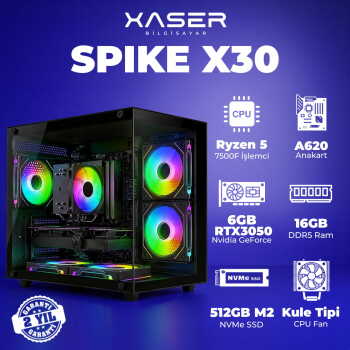 Xaser Spike X30 Ryzen 5 7500F 16GB DDR5 Ram 1TB M.2 NVMe SSD 6GB RTX3050 Masaüstü Oyuncu Bilgisayarı - Xaser