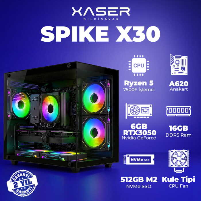 Xaser Spike X30 Ryzen 5 7500F 16GB DDR5 Ram 1TB M.2 NVMe SSD 6GB RTX3050 Masaüstü Oyuncu Bilgisayarı - 1