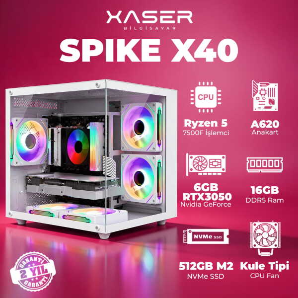 Xaser Spike X40 Ryzen 5 7500F 16GB DDR5 Ram 1TB M.2 NVMe SSD 6GB RTX3050 Masaüstü Oyuncu Bilgisayarı - 1