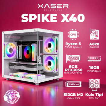 Xaser Spike X40 Ryzen 5 7500F 16GB DDR5 Ram 1TB M.2 NVMe SSD 6GB RTX3050 Masaüstü Oyuncu Bilgisayarı - Xaser
