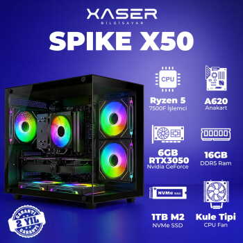 Xaser Spike X50 Ryzen 5 7500F 16GB DDR5 Ram 1TB M.2 NVMe SSD 6GB RTX3050 Masaüstü Oyuncu Bilgisayarı - Xaser
