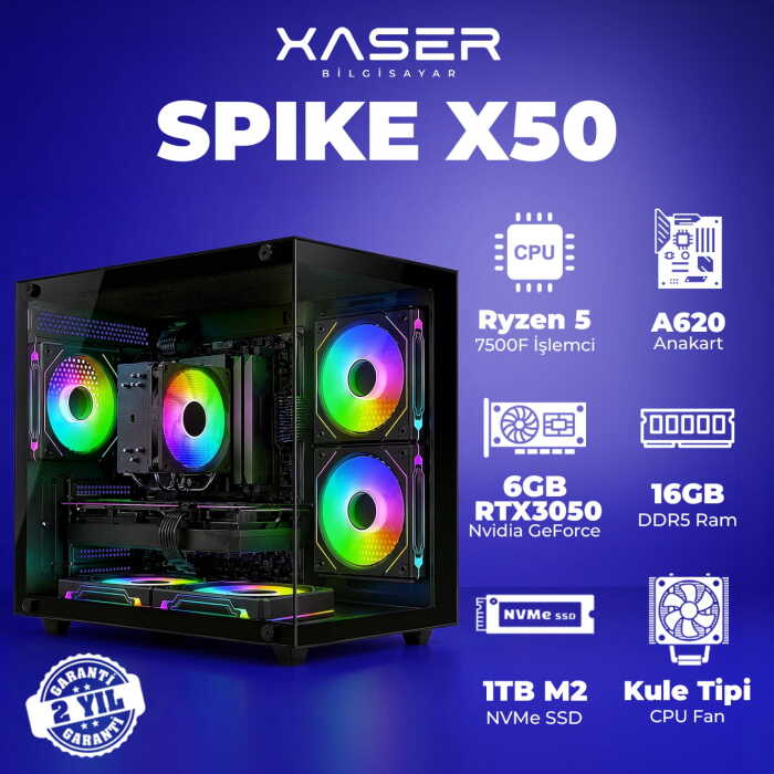 Xaser Spike X50 Ryzen 5 7500F 16GB DDR5 Ram 1TB M.2 NVMe SSD 6GB RTX3050 Masaüstü Oyuncu Bilgisayarı - 1
