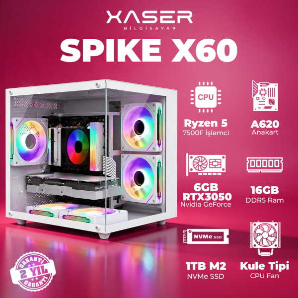 Xaser Spike X60 Ryzen 5 7500F 16GB DDR5 Ram 1TB M.2 NVMe SSD 6GB RTX3050 Masaüstü Oyuncu Bilgisayarı - 1