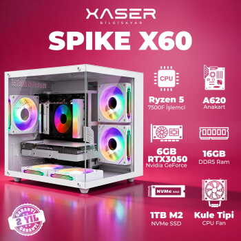 Xaser Spike X60 Ryzen 5 7500F 16GB DDR5 Ram 1TB M.2 NVMe SSD 6GB RTX3050 Masaüstü Oyuncu Bilgisayarı - Xaser