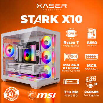 Xaser STARK X10 Ryzen 7 7700X 16GB Ram 1TB M.2 NVMe SSD 8GB RTX5050 Sıvı Soğutmalı Oyuncu Bilgisayarı - Xaser
