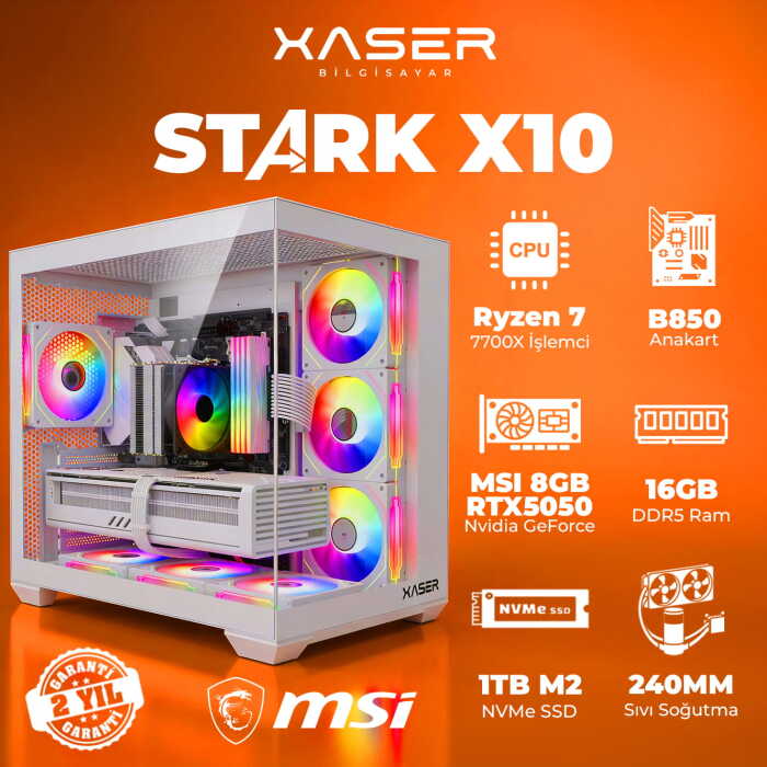 Xaser STARK X10 Ryzen 7 7700X 16GB Ram 1TB M.2 NVMe SSD 8GB RTX5050 Sıvı Soğutmalı Oyuncu Bilgisayarı - 1