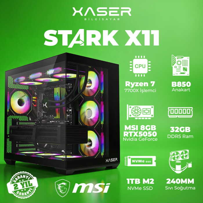 Xaser STARK X11 Ryzen 7 7700X 32GB Ram 1TB M.2 NVMe SSD 8GB RTX5050 Sıvı Soğutmalı Oyuncu Bilgisayarı - 1