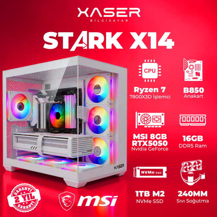 Xaser STARK X14 Ryzen 7 7800X3D 16GB Ram 1TB M.2 NVMe SSD 8GB RTX5050 Sıvı Soğutmalı Oyuncu Bilgisayarı - 1