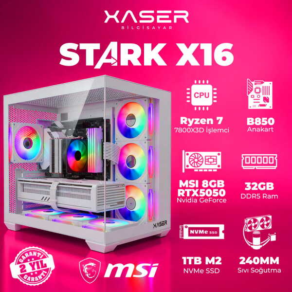 Xaser STARK X16 Ryzen 7 7800X3D 32GB Ram 1TB M.2 NVMe SSD 8GB RTX5050 Sıvı Soğutmalı Oyuncu Bilgisayarı - 1