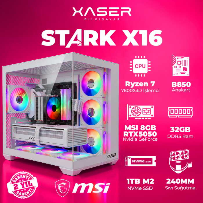 Xaser STARK X16 Ryzen 7 7800X3D 32GB Ram 1TB M.2 NVMe SSD 8GB RTX5050 Sıvı Soğutmalı Oyuncu Bilgisayarı - 1