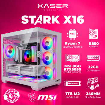 Xaser STARK X16 Ryzen 7 7800X3D 32GB Ram 1TB M.2 NVMe SSD 8GB RTX5050 Sıvı Soğutmalı Oyuncu Bilgisayarı - Xaser